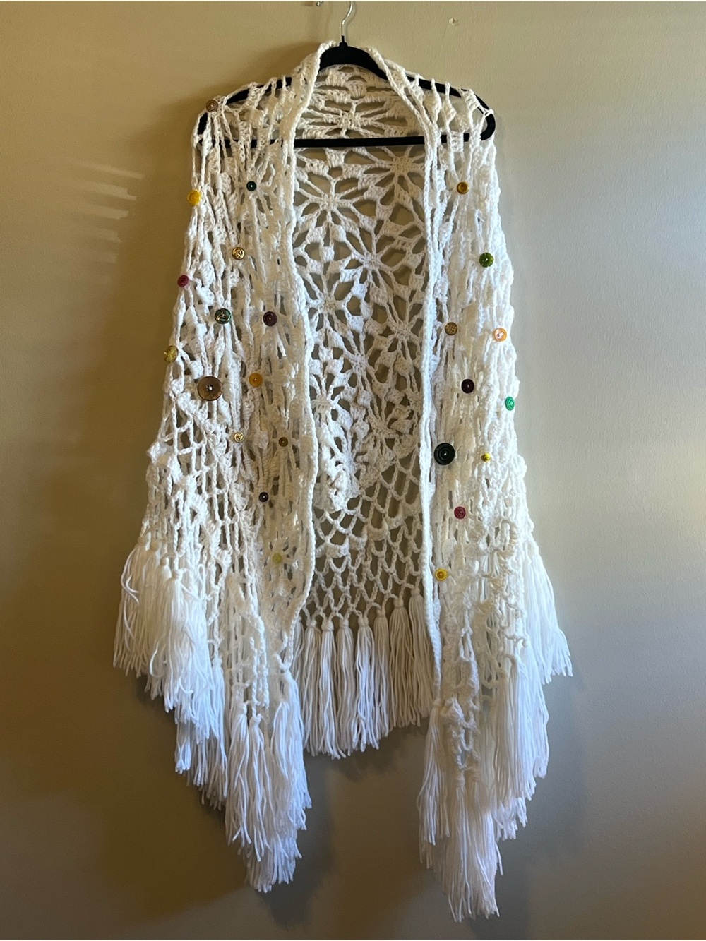 White Crochet Fringe Shawl with Colorful Button Accents